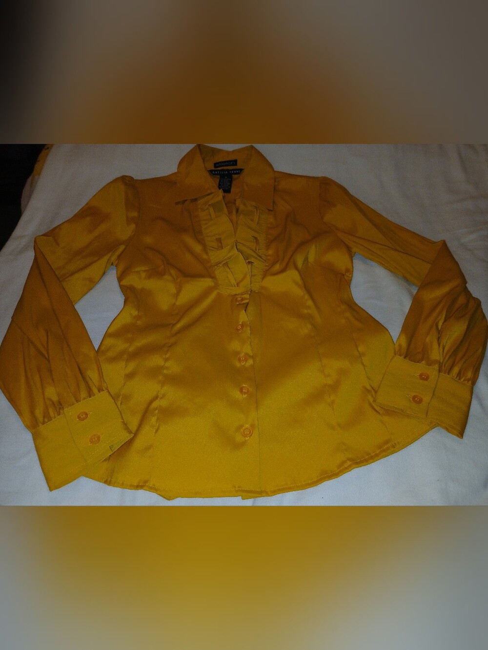 NWOT Antilia Femme Mustard Yellow Ruffle-Front Satin Button Down Top.